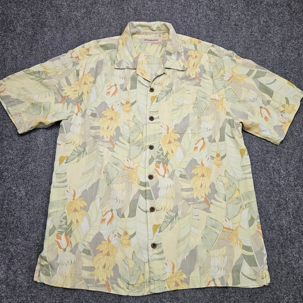 Tommy Bahama Button Up Shirt Mens XL Yellow Camp Tropical Floral Island Silk